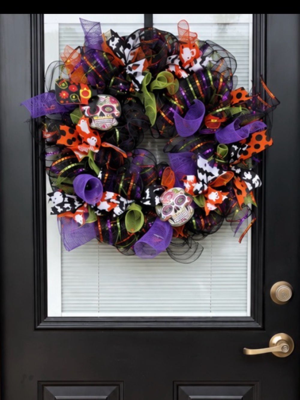 Halloween Sugar Skull Deco Mesh Wreath in Purple, Orange & Black -Bold & FULL